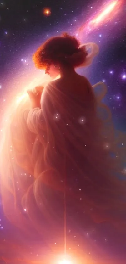 Ethereal silhouette set against a vibrant starry cosmos.