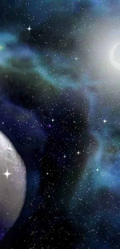 Mystical cosmic scene with planets and stars.