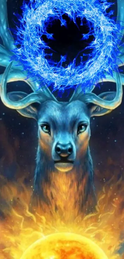 Mystical stag with glowing blue antlers and fiery background in cosmic setting.