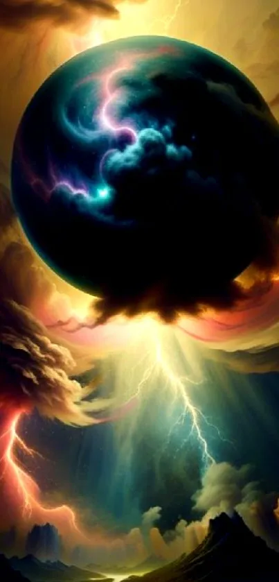 A mystical cosmic storm with vivid lightning and clouds.