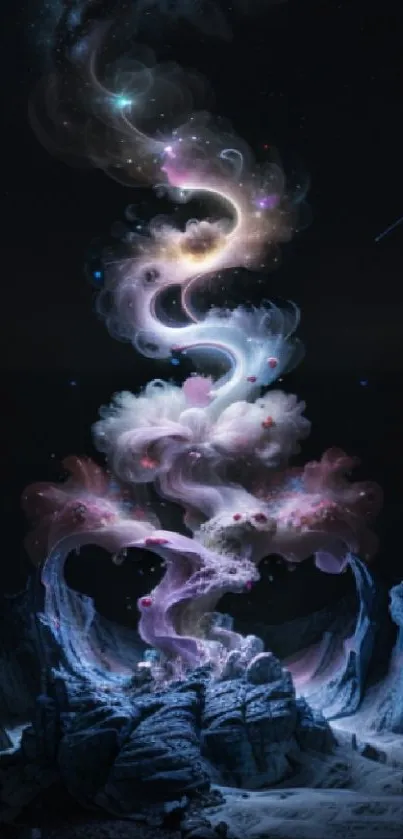 Mystical cosmic swirl with galaxy clouds and stars in a dark landscape wallpaper.