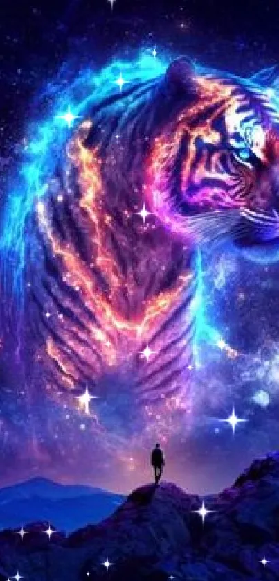 Mystical cosmic tiger with vibrant colors on a starry background.