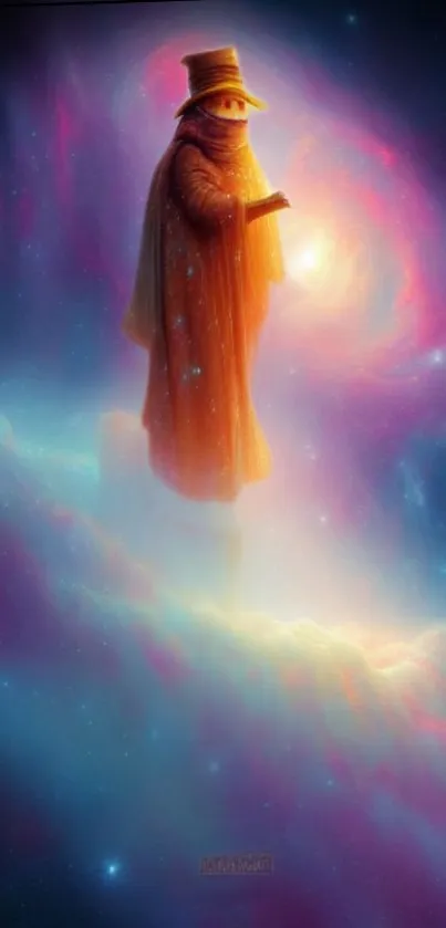 Mystical figure in a cosmic, swirling galaxy scene.