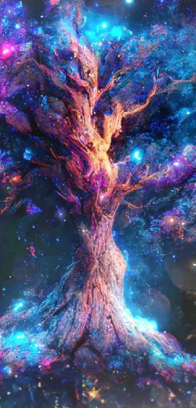 Vibrant cosmic tree with purple and blue colors, depicting fantasy art.