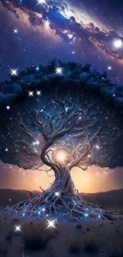 Mystical tree surrounded by a cosmic starry sky, glowing under galaxy light.