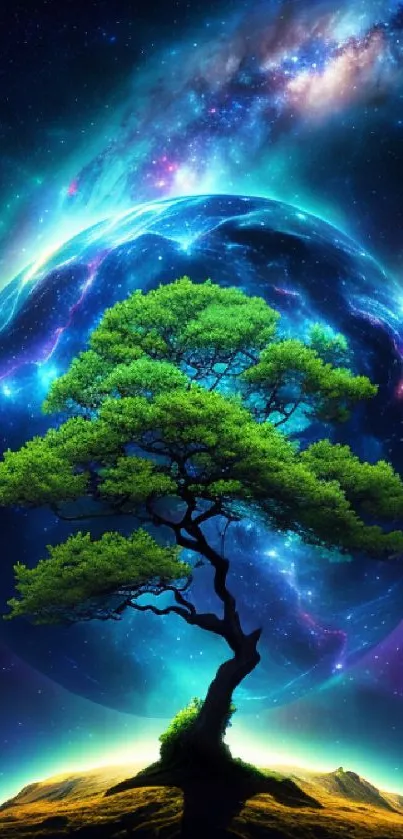 A vibrant cosmic tree under a galaxy, glowing with mystical blue hues.