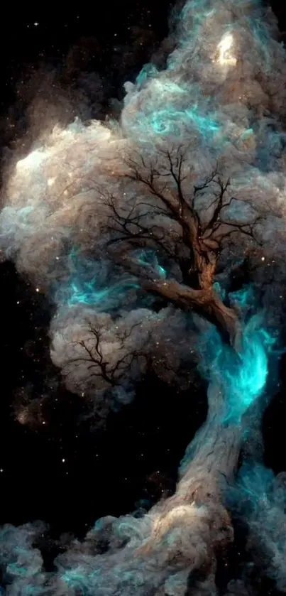 Mystical cosmic tree with turquoise glow on dark space background.