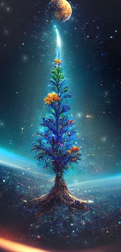 A luminous cosmic tree stands tall in the starry space background.