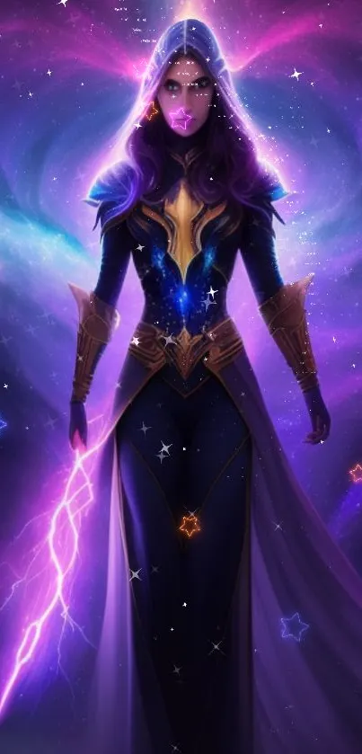 Mystical cosmic warrior with purple hues and starry background.