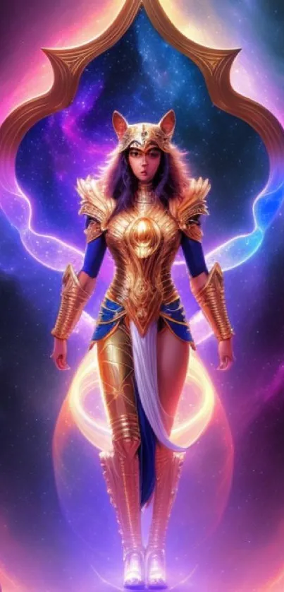 Mystical warrior stands in cosmic galaxy, vibrant colors.