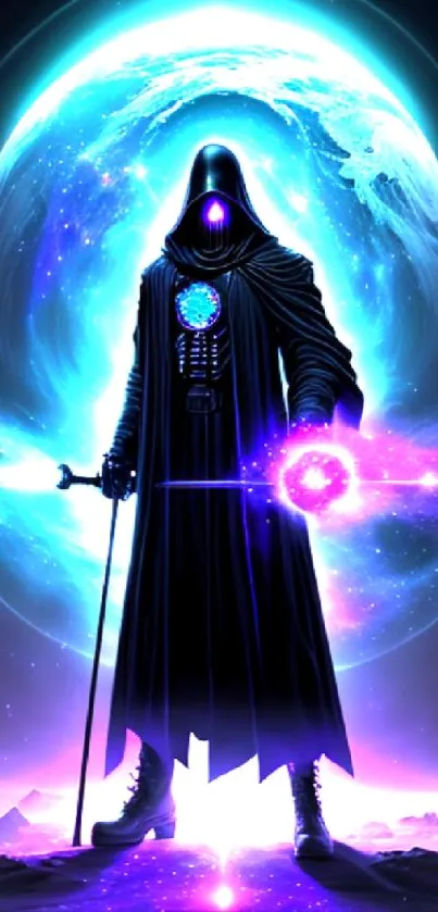 A mystical warrior with a glowing staff in front of a vibrant blue planet.