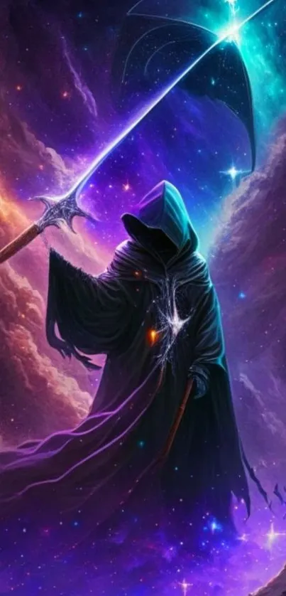 Mystical warrior in a cosmic landscape with a glowing staff.