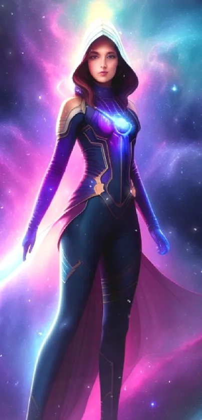 Mystical warrior with cosmic background in purple hues.