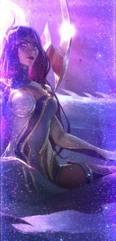 Mystical cosmic warrior in purple light surrounded by stars.