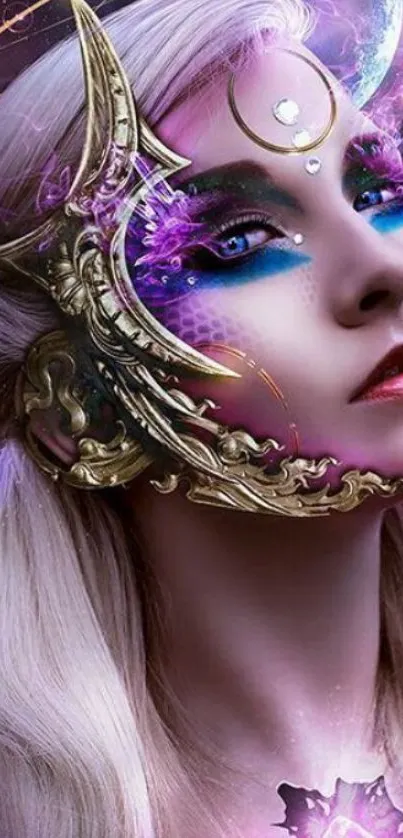 Mystical cosmic warrior with ornate golden mask and vibrant purple accents.