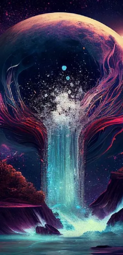 Mystical cosmic waterfall with vibrant colors and surreal elements.