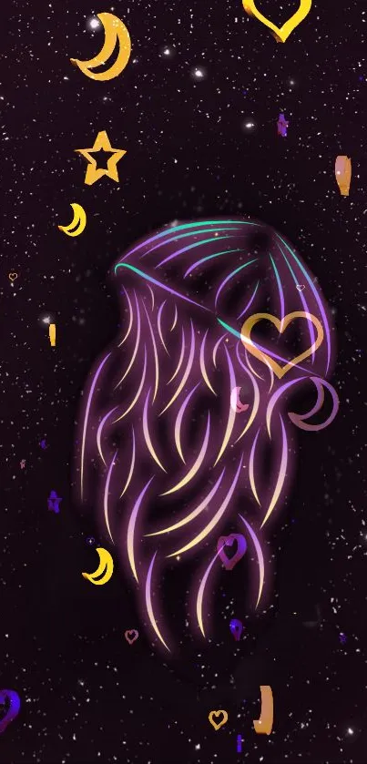 Mystical cosmic waves with stars and hearts on dark purple background.