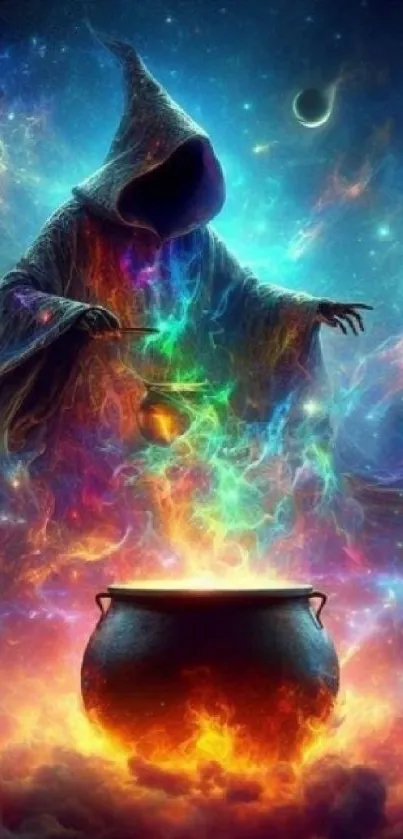Mystical wizard conjuring energy in space with vibrant cosmic colors.