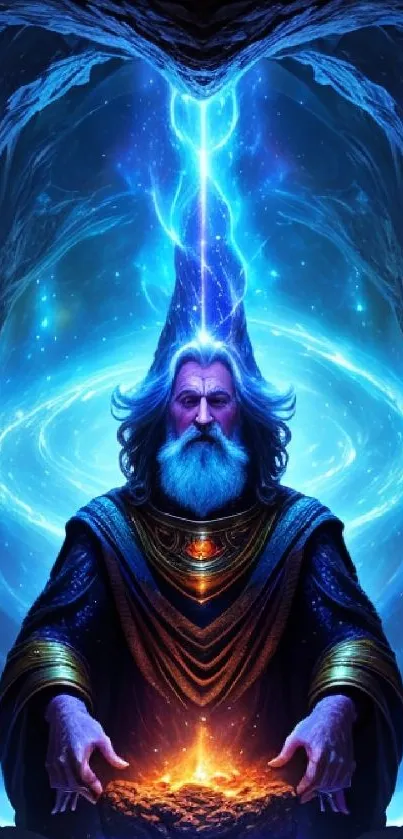 Mystical wizard with blue cosmic energy.