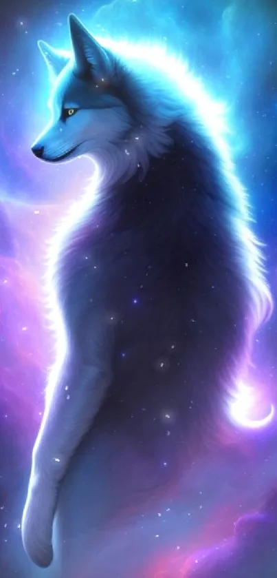 Mystical cosmic wolf with blue and purple aura in a galaxy setting.