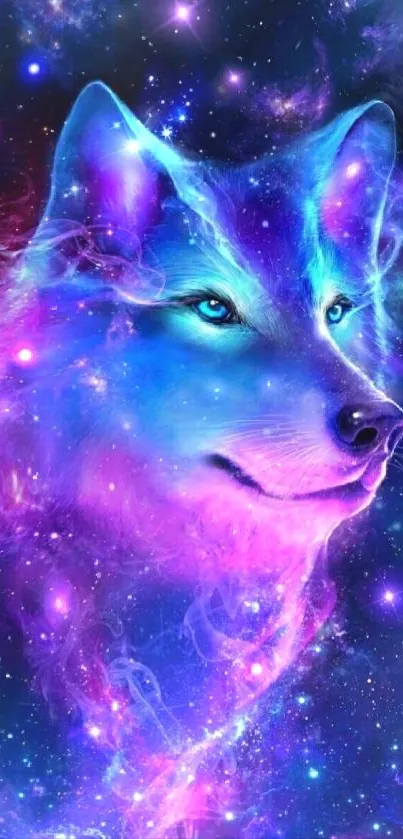 Mystical cosmic wolf with vibrant purple and blue hues in a galaxy setting.