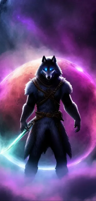 Cosmic wolf warrior standing against a vibrant, mystical sky.