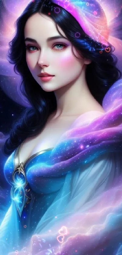 Mystical woman enveloped in cosmic hues, featuring ethereal and vibrant colors.