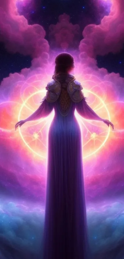 Mystical woman illuminated in purple cosmic nebula with vibrant colors.