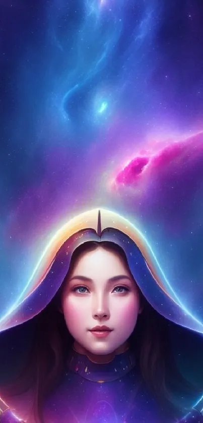 Mystical woman in a galactic hood with cosmic background.