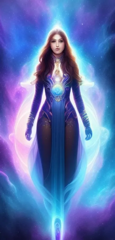 Mystical cosmic woman surrounded by glowing nebula in vibrant colors.