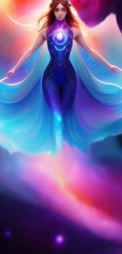 A mystical cosmic woman in vibrant colors against a galaxy backdrop.