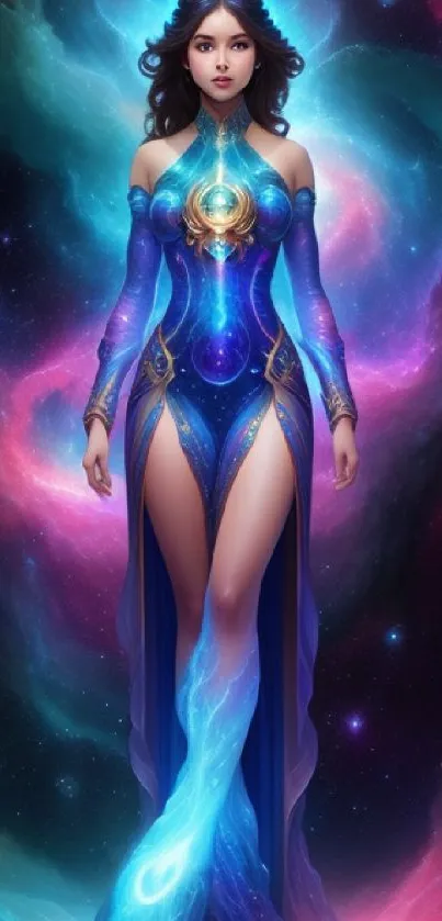 Mystical goddess in cosmic setting vibrantly depicted in a beautiful mobile wallpaper.