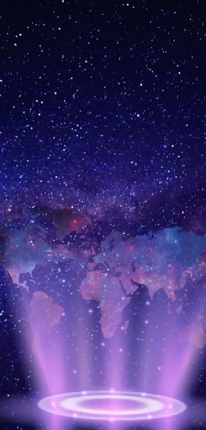 Mystical galaxy wallpaper with neon portal and starry sky.