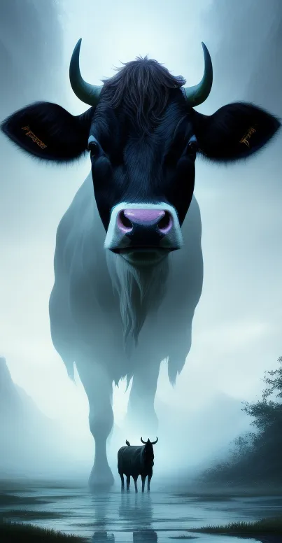 Surreal mystical cow in a foggy landscape art.