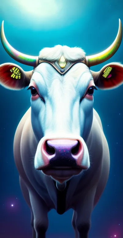 Mystical cow with colorful horns under moonlit sky