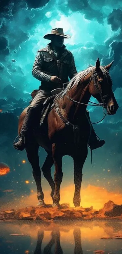 Mystical cowboy riding a horse under a vibrant teal sky.