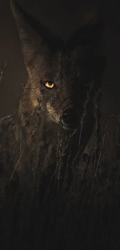 Coyote hiding in shadowy grass, deep gaze.