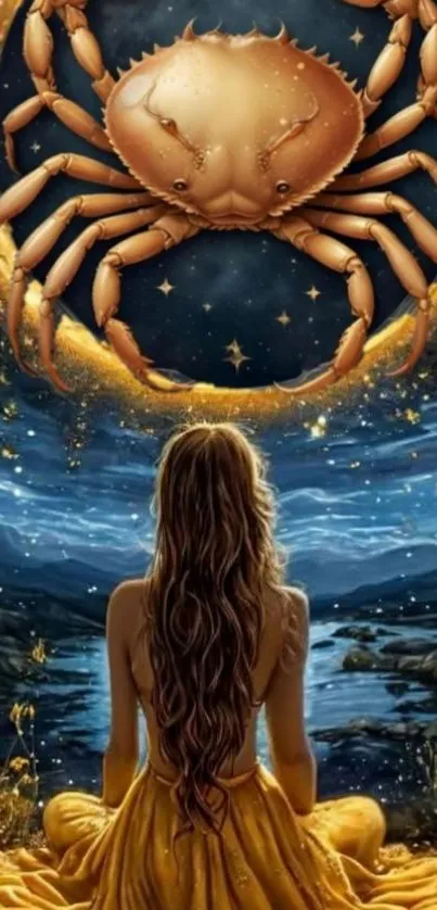 Mystical scene with a giant crab and woman under a starry night sky.