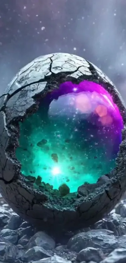 Cracked egg reveals glowing galaxy with vibrant colors.
