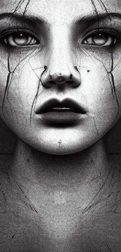 Grayscale artwork of a cracked mystical face, perfect for mobile wallpaper.