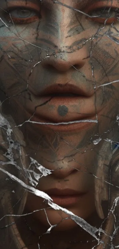 Mystical face with cracked tattooed skin wallpaper.