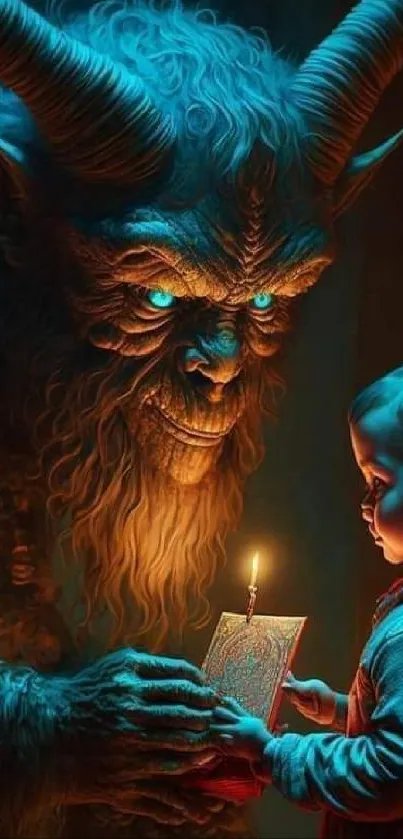 A mystical creature shares a moment with a child, depicting a fantasy scene.