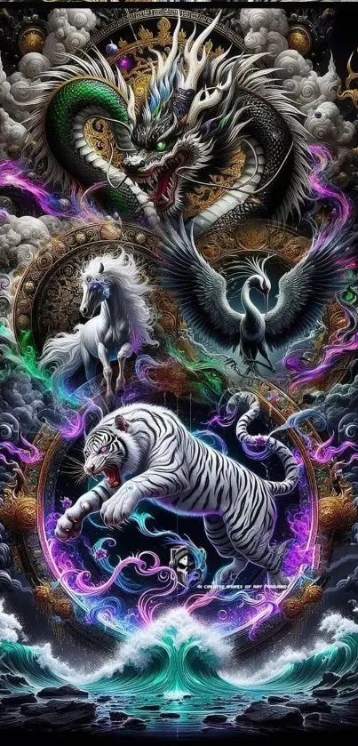 Fantasy creatures including dragon, tiger, and unicorn in vibrant artwork.