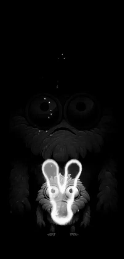 Mystical creature with glowing eyes in black and white wallpaper.