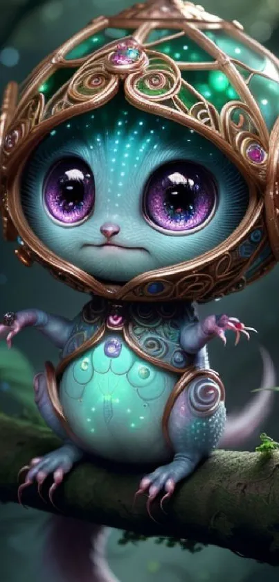 Fantasy creature with purple eyes in forest setting.