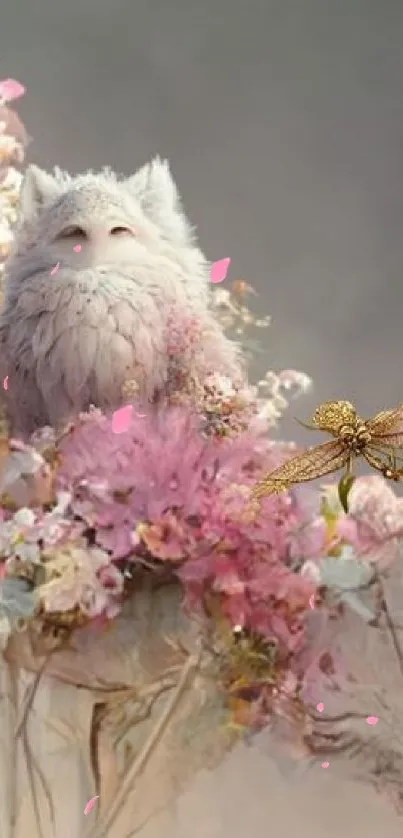 Fantasy creature with flowers and dragonfly in a pink-toned wallpaper.