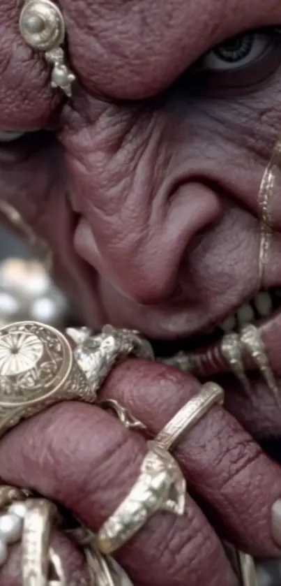Close-up of a fantasy creature with rings and jewelry.