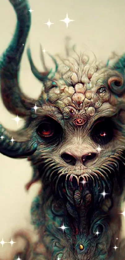 Fantasy creature with intricate horns on a mystical mobile wallpaper.