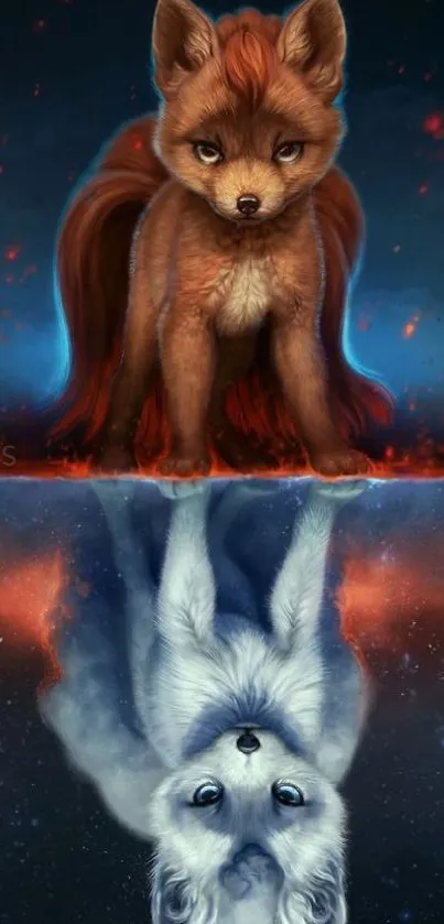 Mystical fox and reflection in cosmic scene.