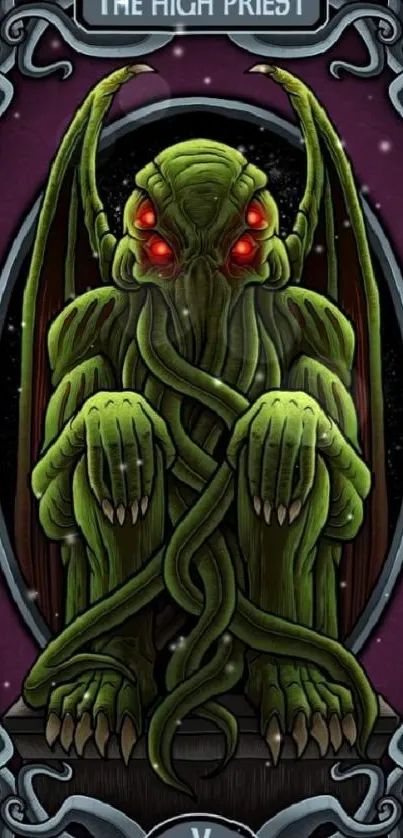 Mystical tarot card with a green creature art design.